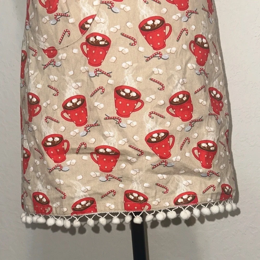 Simply Whimsical Christmas Hot Cocoa Cotton Apron Red Tan Pom Pom Trim NWT